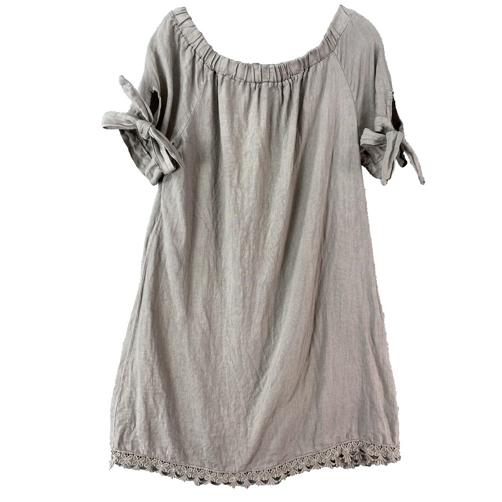 Lungo L'Arno Dress Womens M Brown Linen Off Shoulder Cold Shoulder Crochet